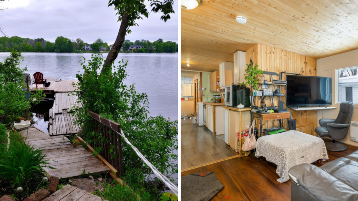 The waterfront access on the home's property. Right: The living room in the mobile home.