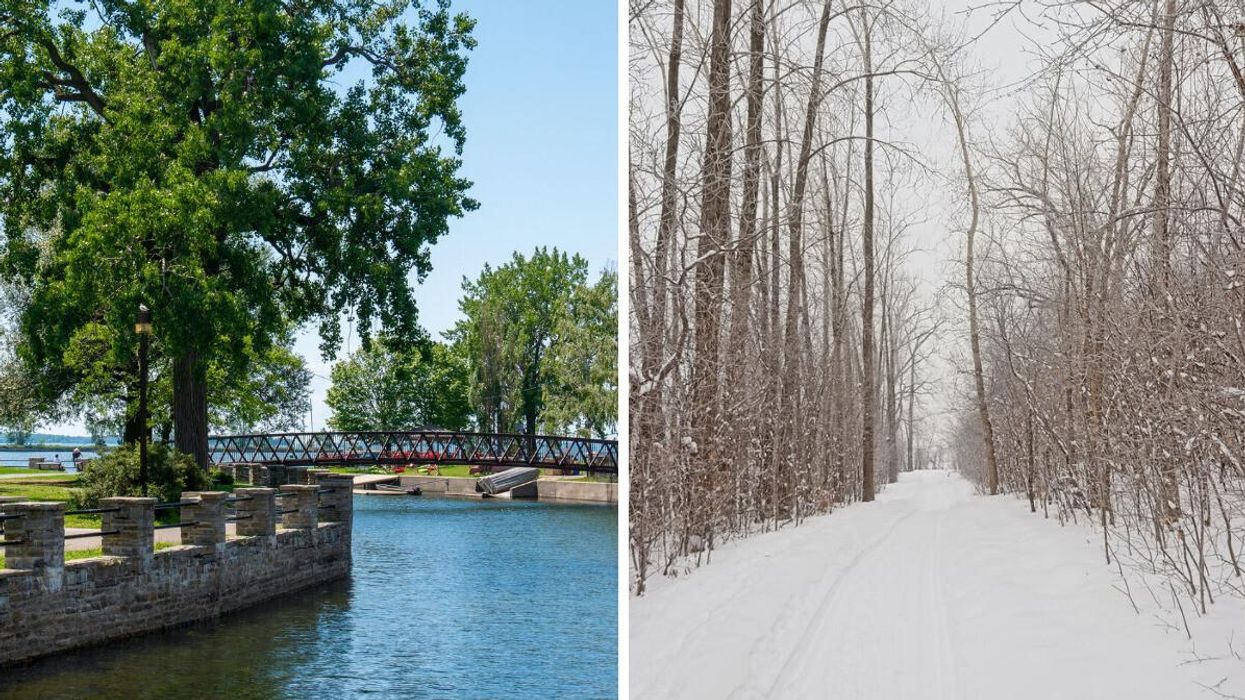 The western end of Montreal's Lachine Canal on a summer day. Right: A snow-covered path in Montreal's Parc nature de l'Île-de-la-Visitation.