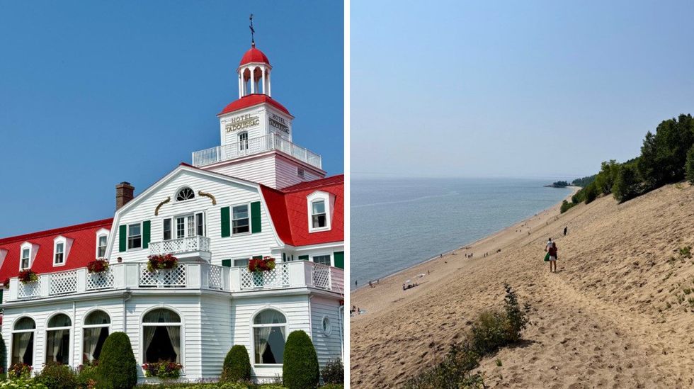 The white-and-red H\u00f4tel Tadoussac. Right: A steep sandy dune overlooking the St. Lawrence estuary in Tadoussac, Quebec.
