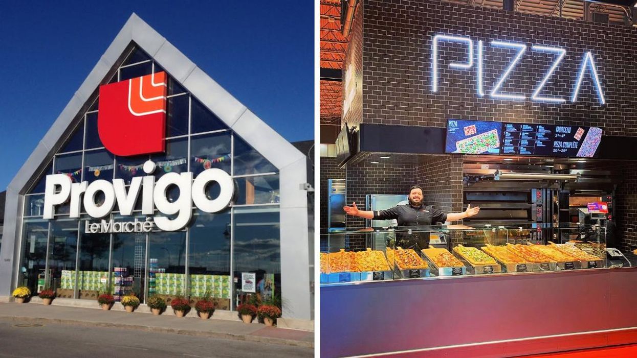 The windowed entrance of the Kirkland Provigo. Right: A person stands behind a pizza counter with their arms open welcoming customers.