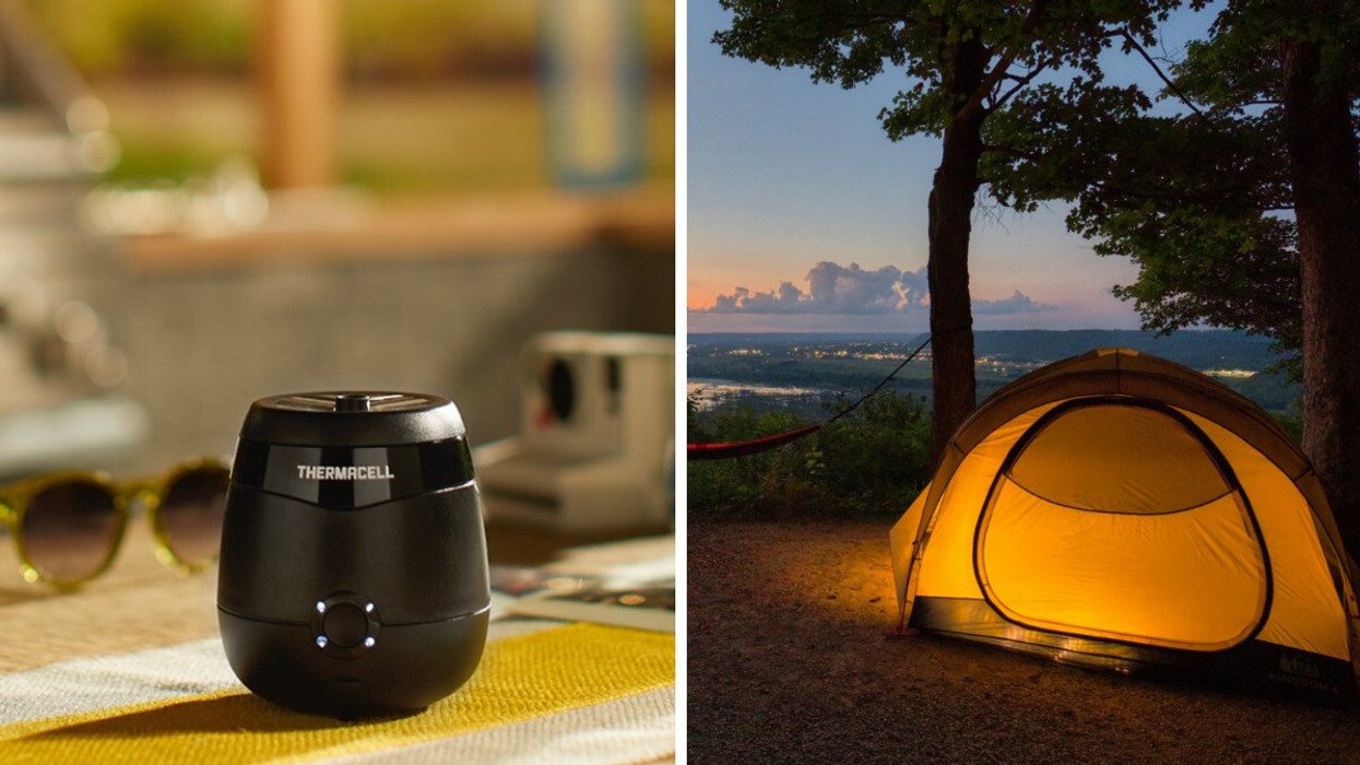 Thermacell mosquito repellent device placed on an outdoor table. Right: Illuminated camping tent set up outdoors at dusk overlooking a scenic landscape.