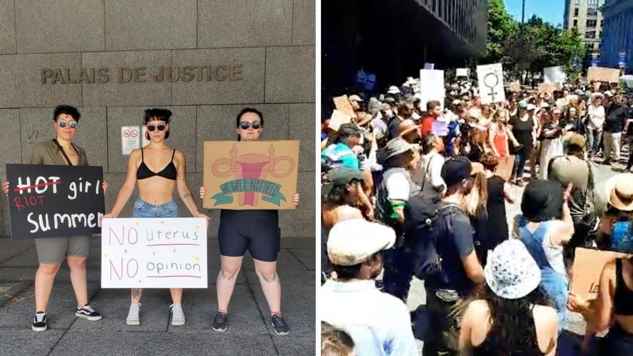Three people hold signs reading "Riot girl summer," "No uterus, no opinion," and "We will not yield." Right: Several hundred protesters outside Montreal's courthouse holding signs.
