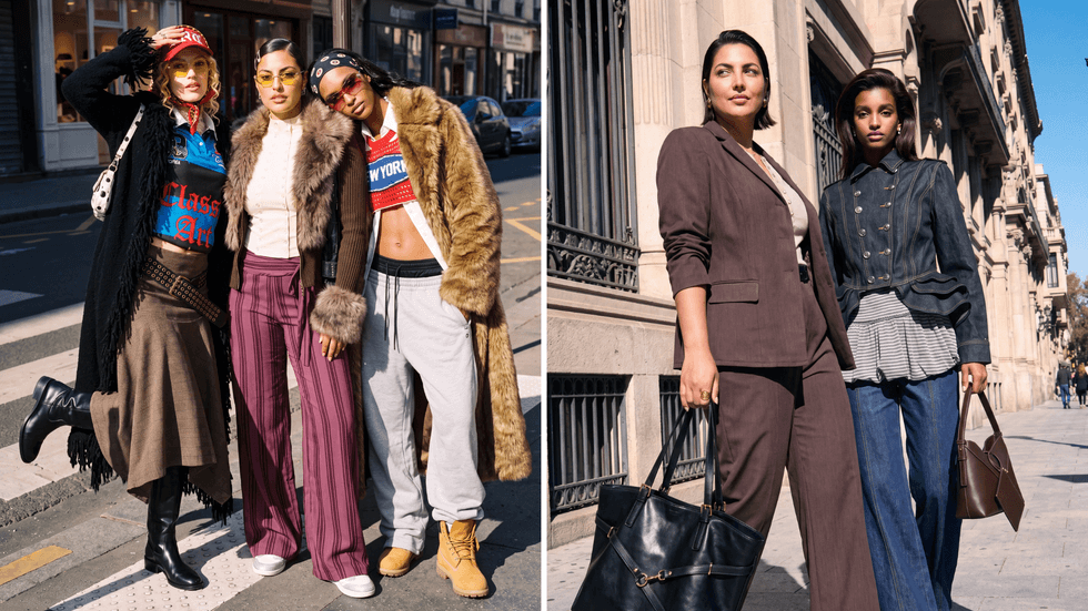 Three people pose at a pedestrian crossing. Right: Two women in business wear on a city block.