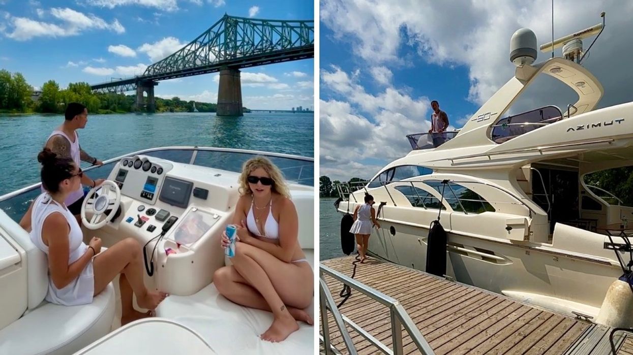 Three people sitting atop a yacht in Montreal approaching the Jacques-Cartier Bridge. Right: A 53' yacht in Montreal being docked.