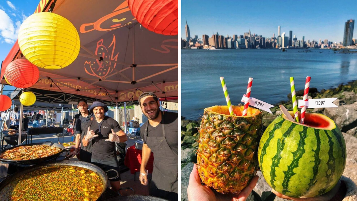 Three people stand beside massive pans of paella at a market kiosk. Right: A watermelon and a pineapple filled with straws and juice are held near the river.