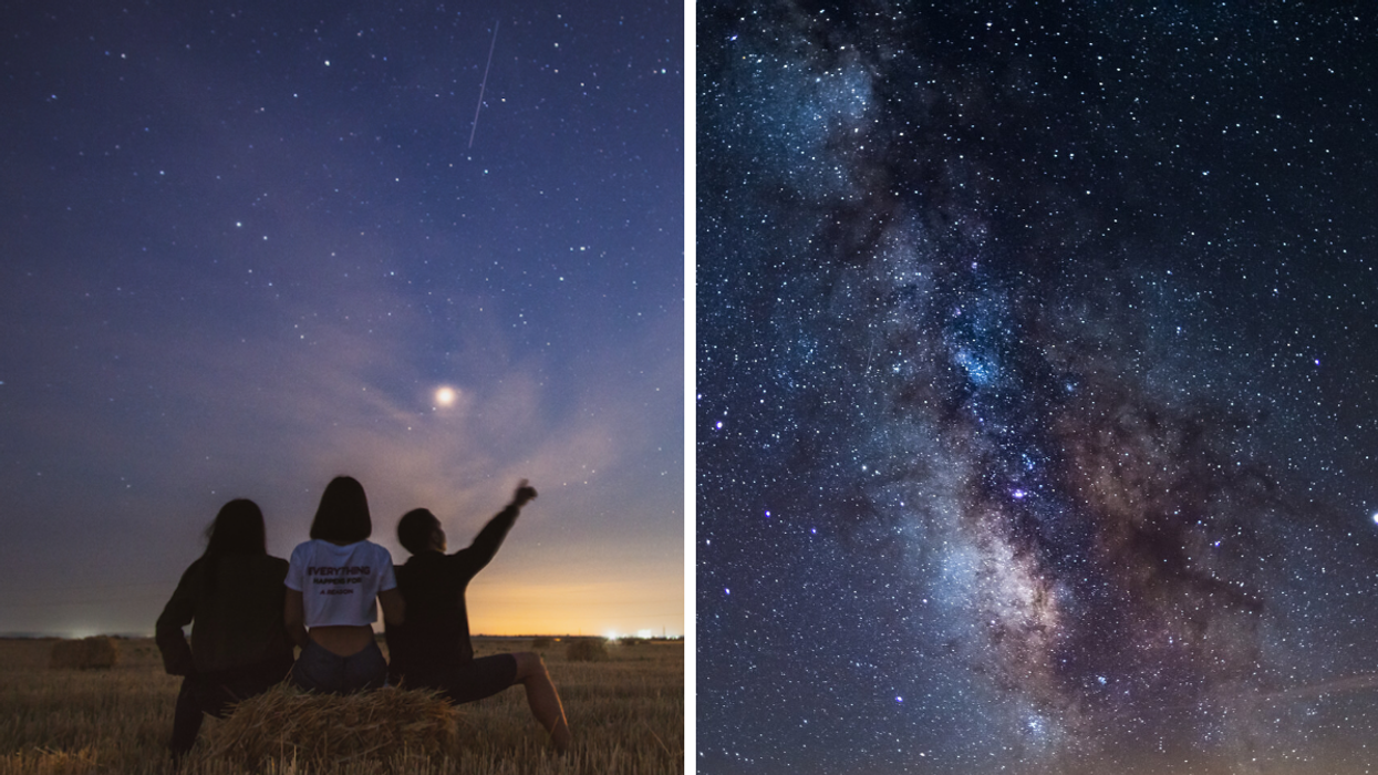 Three people star gazing, Right: Milky Way during the springtime.