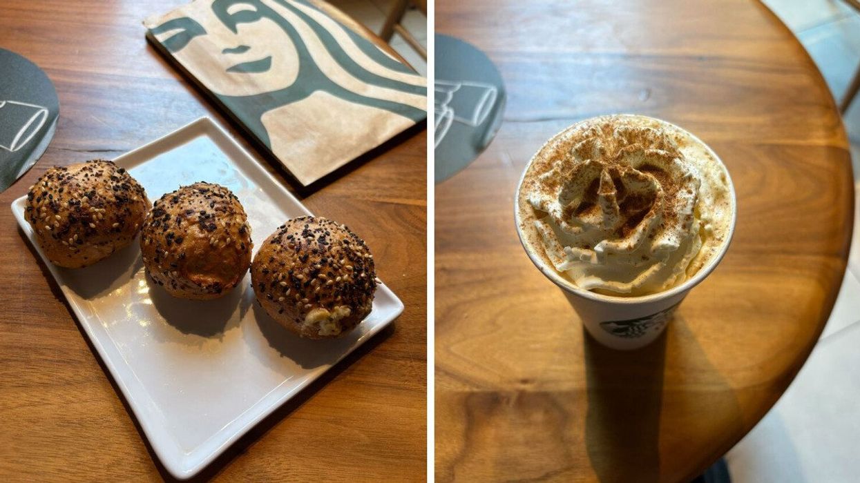 three starbucks mini everything bagels on a plate. right: cup of starbucks pumpkin spice latte on a table