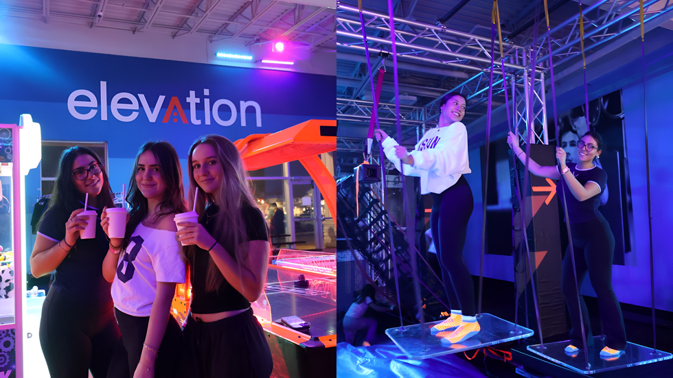 Three young women enjoying drinks near arcade games at Elevation Trampoline Park. Right: Girls navigating a glowing ropes course at Elevation indoor adventure park.
