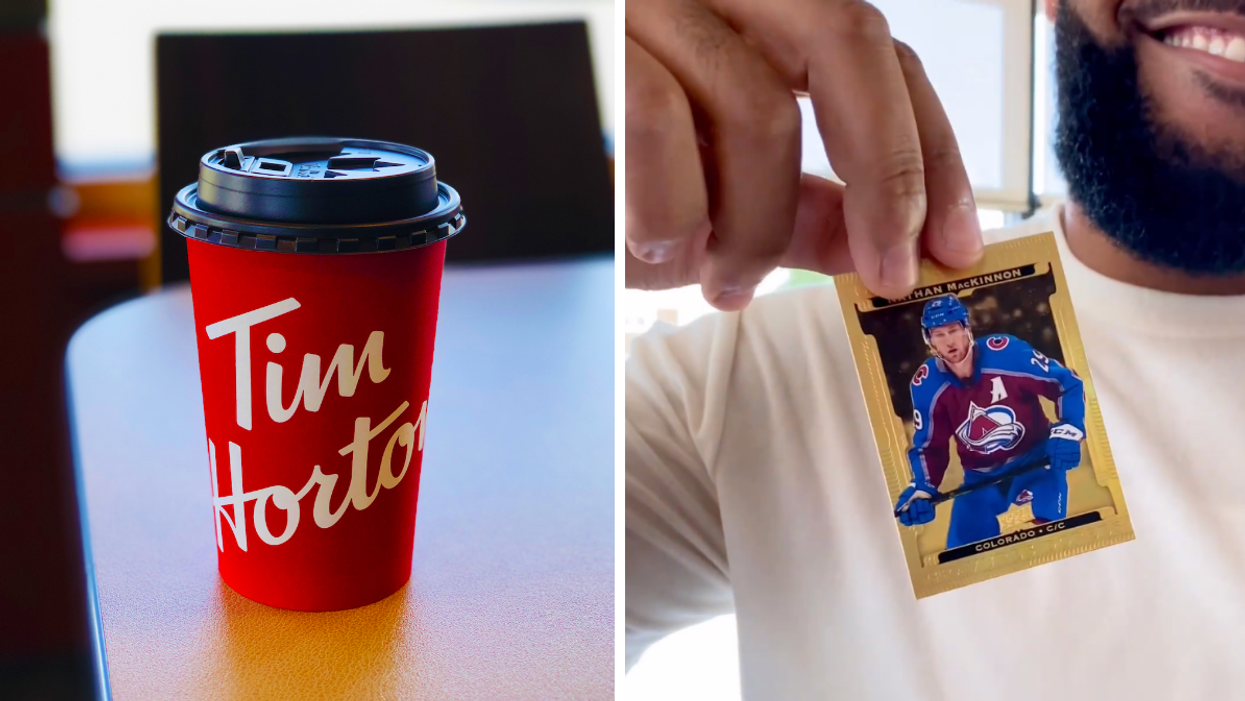 Tim Hortons coffee cup. Right: Tim Hortons NHL trading cards.