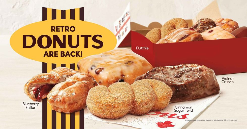 Tim Hortons is turning 60! Get ready to join Tims for a year of festivities starting with the return of four retro donuts \u2013 the Dutchie, Blueberry Fritter, Cinnamon Sugar Twist and Walnut Crunch.