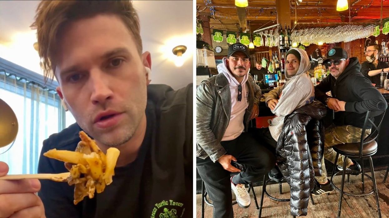 Tom Schwartz eating a poutine in Toronto. Right: Jax Taylor and Tom Schwartz at a pub in Montreal.
