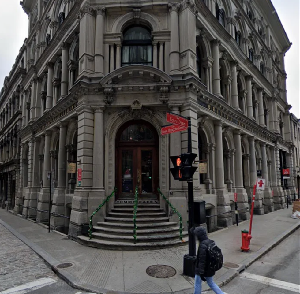 Tommy Caf\u00e9 on the corner of Notre-Dame Street in Montreal.