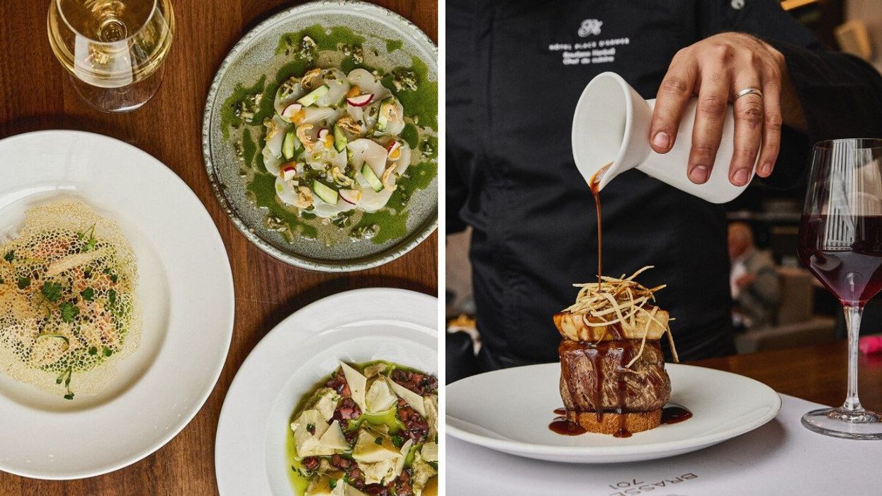 Top view of gourmet plated dishes with wine at a fine dining restaurant in Montreal. Right: Chef pouring sauce over a filet mignon dish with wine glass at a Montreal upscale restaurant.