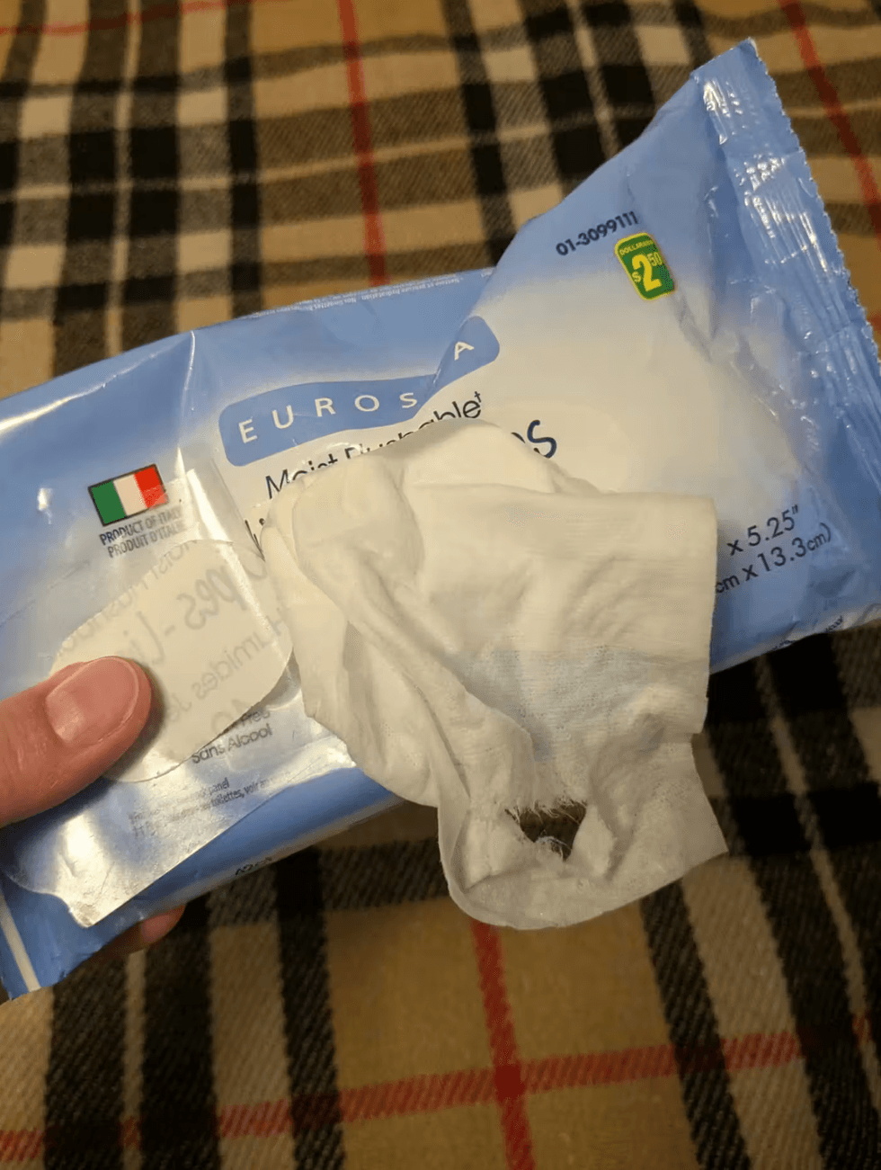 Torn wet wipe pulled from a Dollarama Eurosa package.