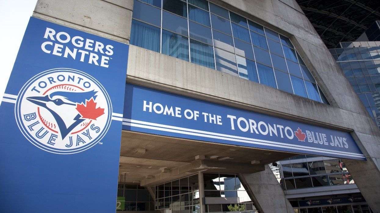 Toronto Blue Jays baseball team logo as displayed on a banner outside of Rogers Centre in Toronto.