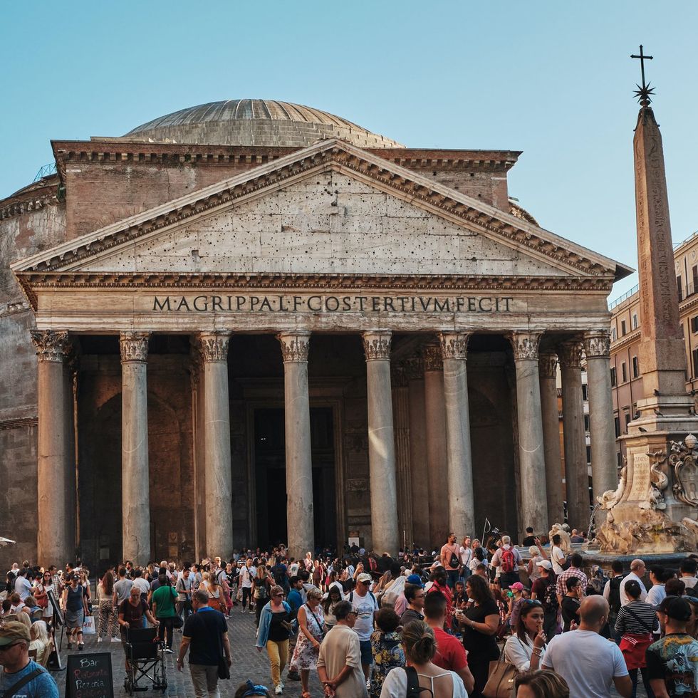 Tourists in the square in front of the Pantheon in Rome.
