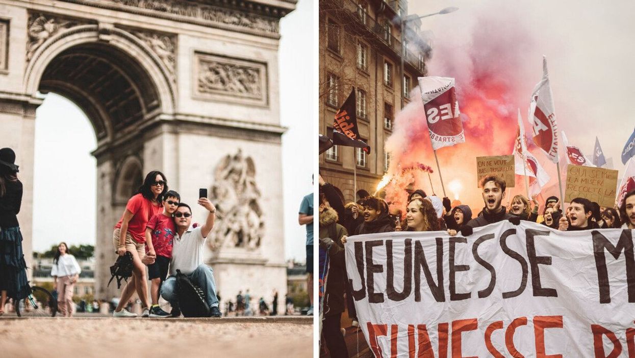 Tourists take a photo in front of the Arc du Triomphe. Right: French protesters march against pension reforms as a smoke grenade goes off in the background.