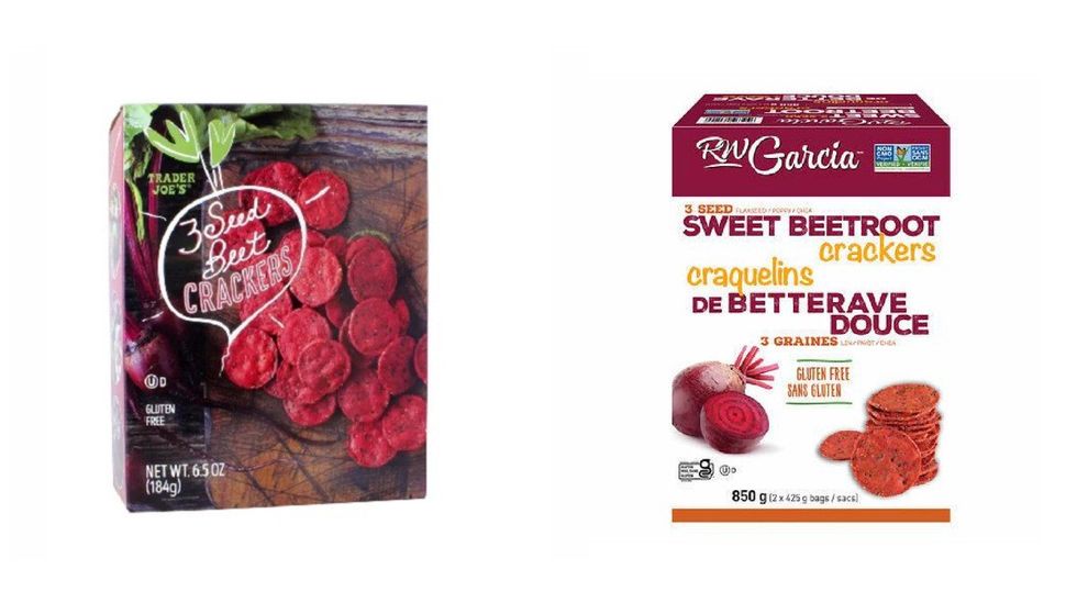 Trader Joe's 3 Seed Beet Crackers. Right: Garcia 3 Seed Sweet Beetroot Crackers from Costco.