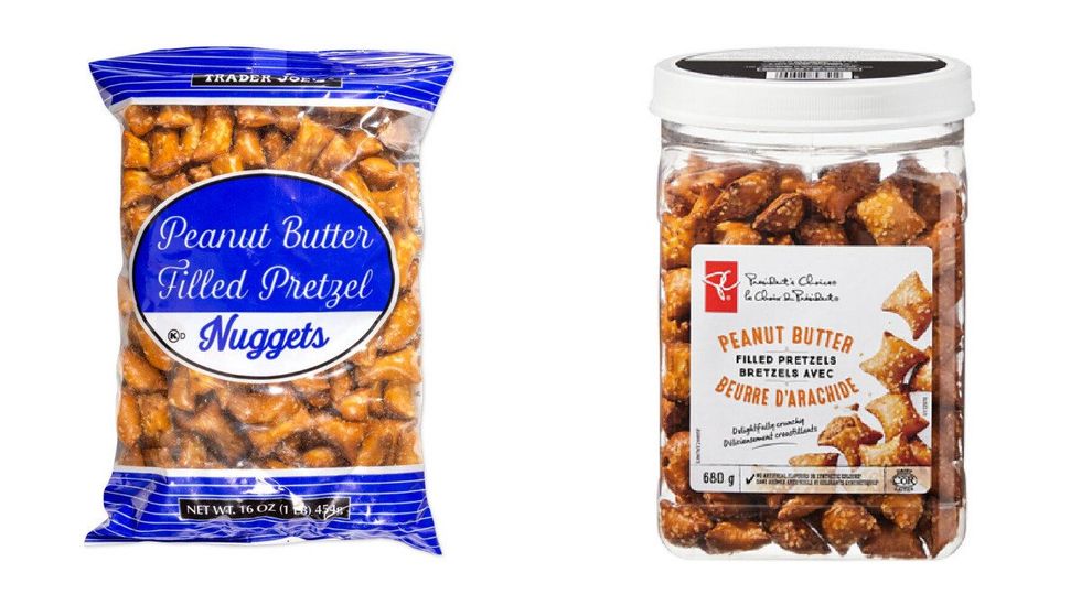 Trader Joe's Peanut Butter Filled Pretzels. Right: President's Choice Peanut Butter Filled Pretzels.