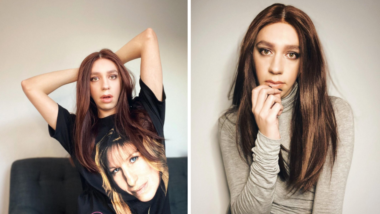 Tranna Wintour poses in a Barbra Streisand shirt. Right: Wintour in a grey long-sleeved shirt.
