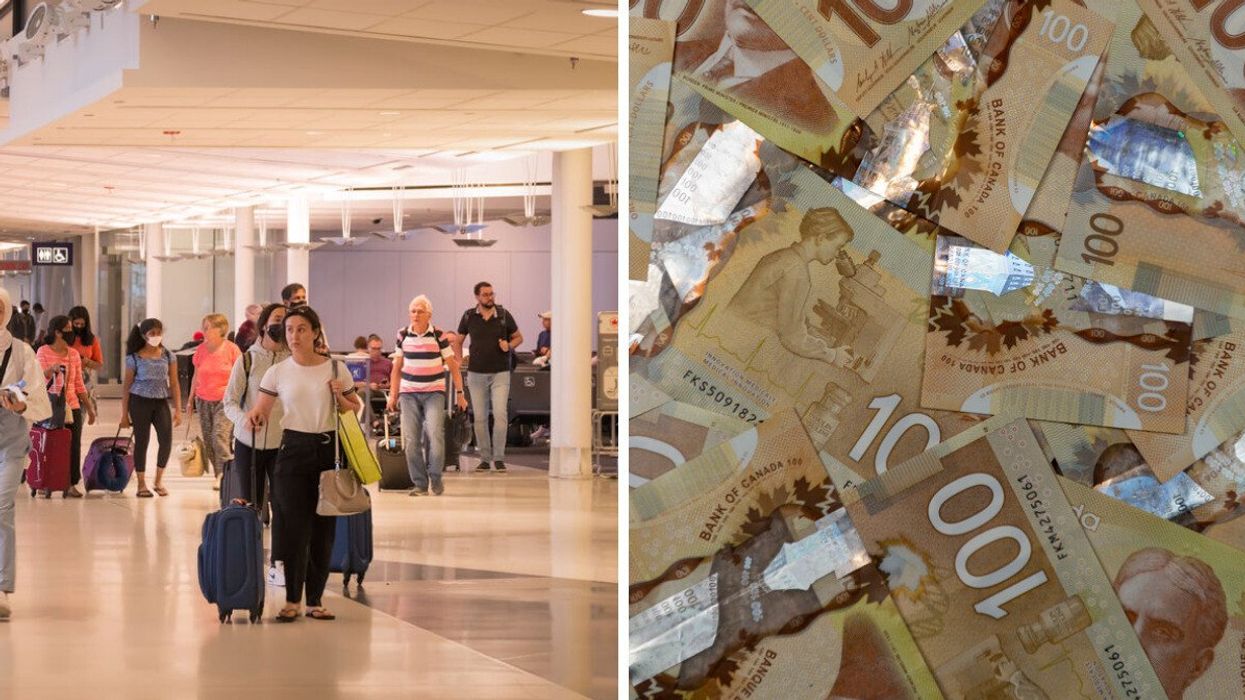 Travelers with small carry-on suitcases walk down the concourse of International Terminal at Montreal-Trudeau International Airport. Right: A stack of Canadian money.