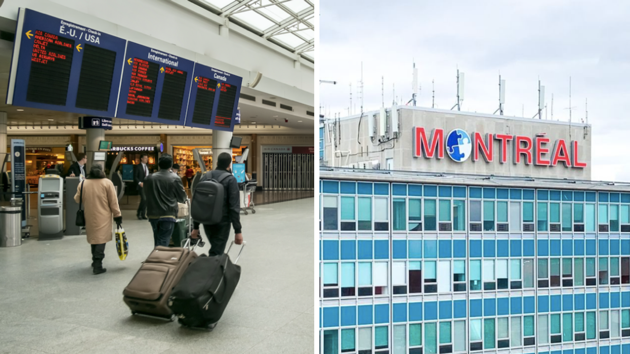 Travellers walking through the YUL Montreal Airport, Right: The exterior sign of the Montreal International Airport.