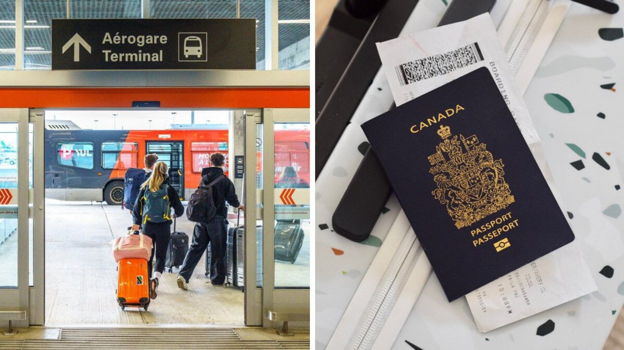 Travellers with luggage walk towards an airport terminal entrance with a sign that reads "Aérogare Terminal." Right: A close-up of a Canadian passport resting on travel documents, including a boarding pass