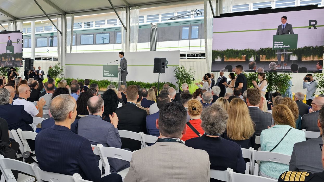 Trudeau on stage at the Montreal REM inauguration.