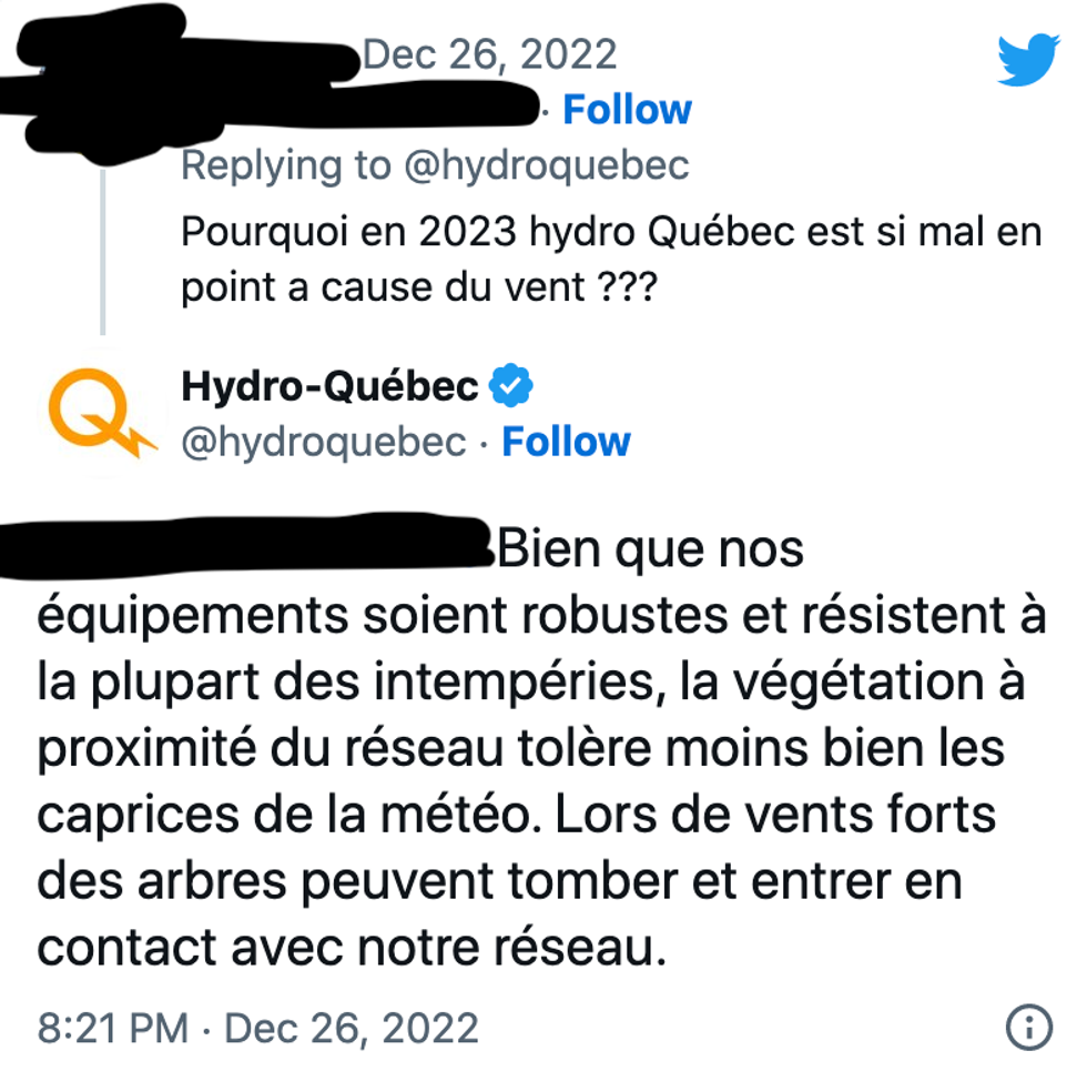 Twitter comments on Hydro-Qu\u00e9bec's page.