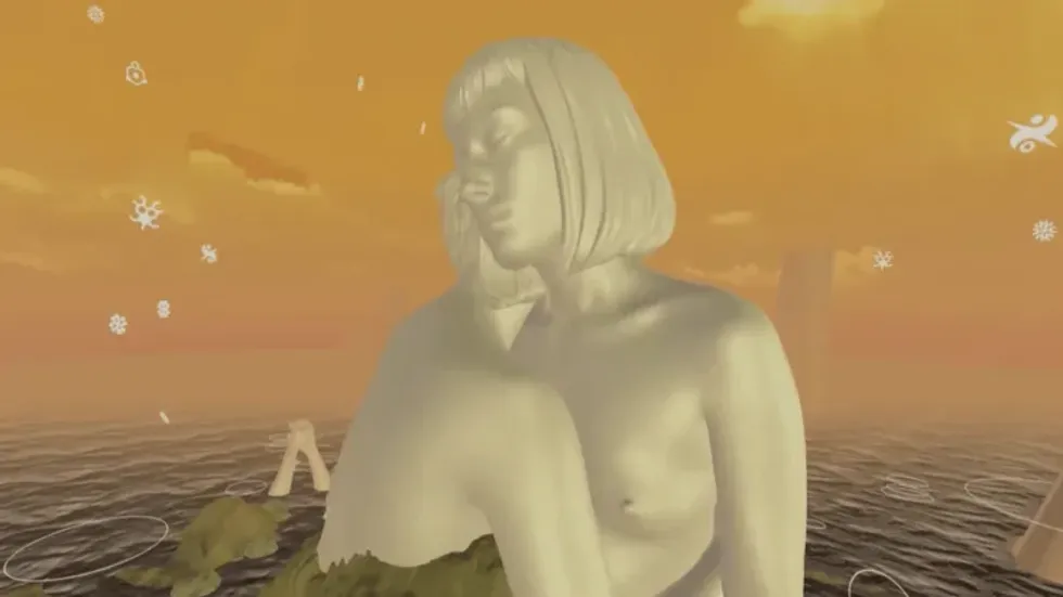 Two beings embrace in "UNION" by Nancy Lee and Kiran Bhumber.