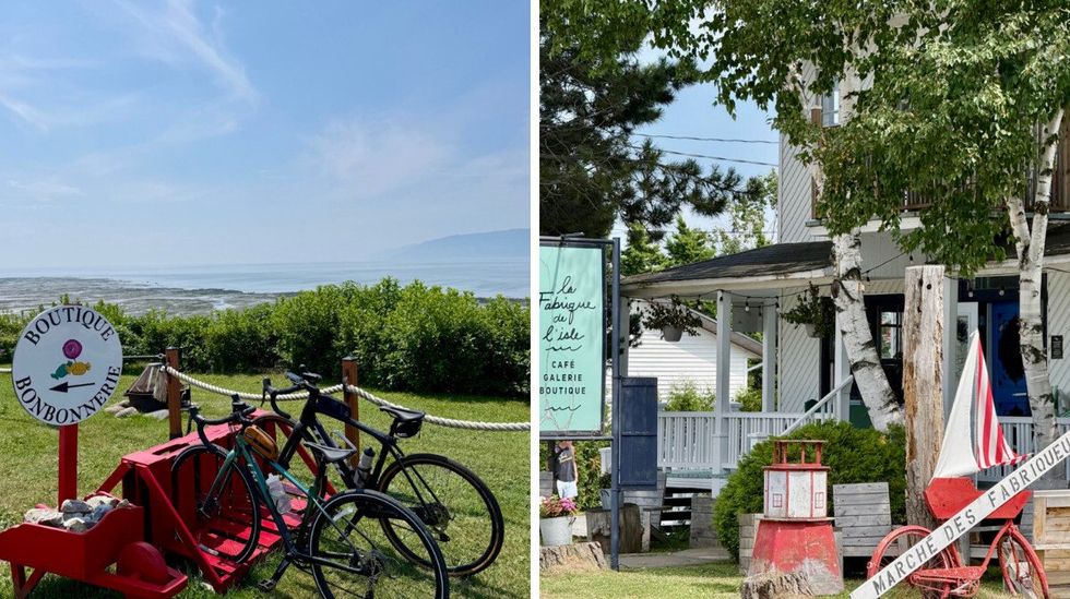 Two bicycles parked near a boutique overlooking the St. Lawrence. Right: La Fabrique de l'Isle caf\u00e9 on L'Isle-aux-Coudres.