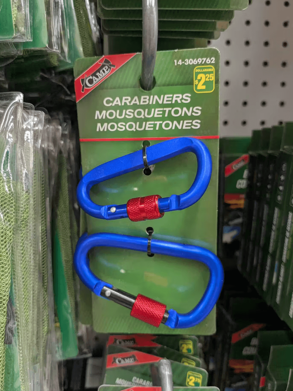 Two blue Camp brand carabiners at Dollarama priced at $2.25.