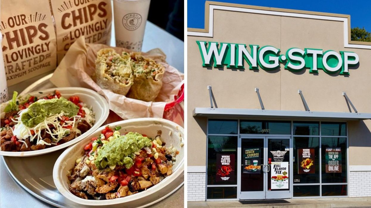 Two Burrito bowls from Chipotle. Right: The exterior of a Wing Stop restaurant.