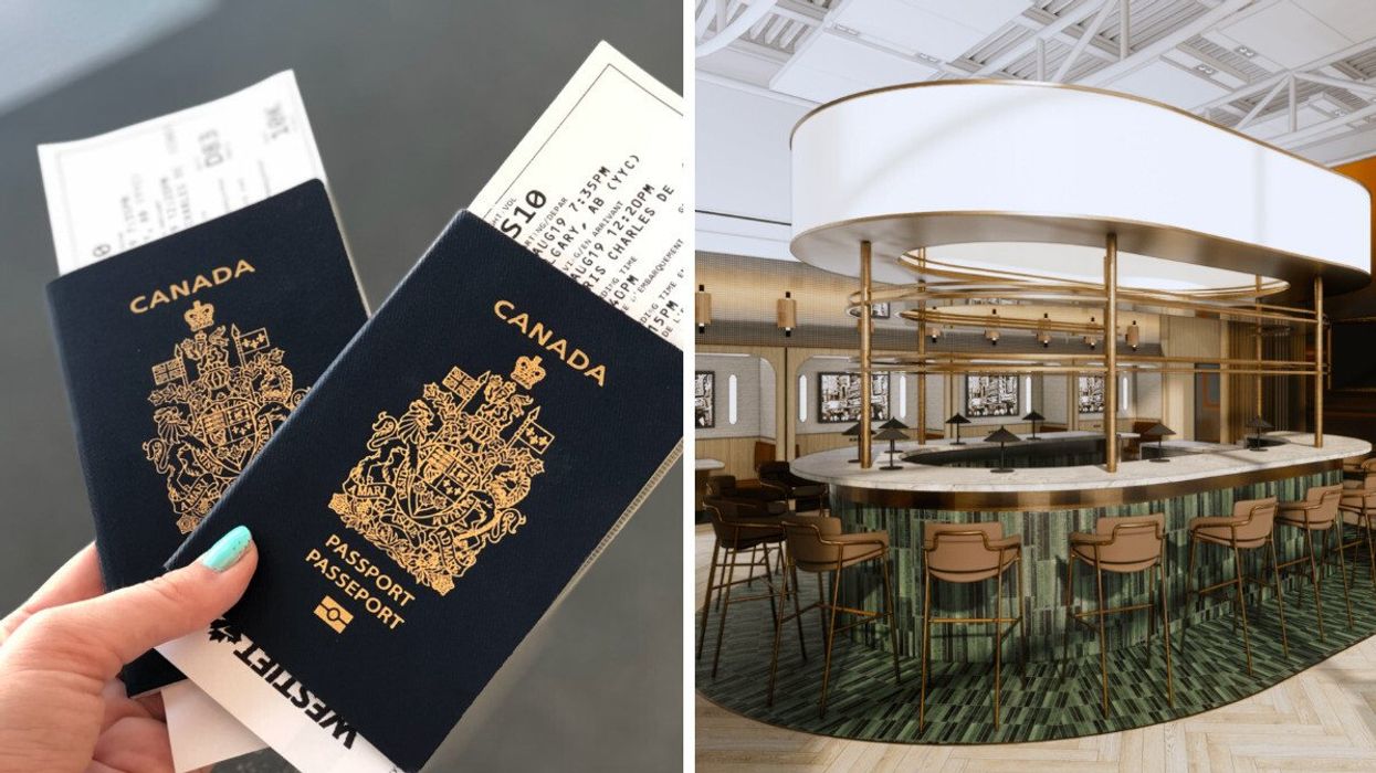 Two Canadian passports with boarding passes. Right: The Aspire AMEX Lounge at Montreal airport.