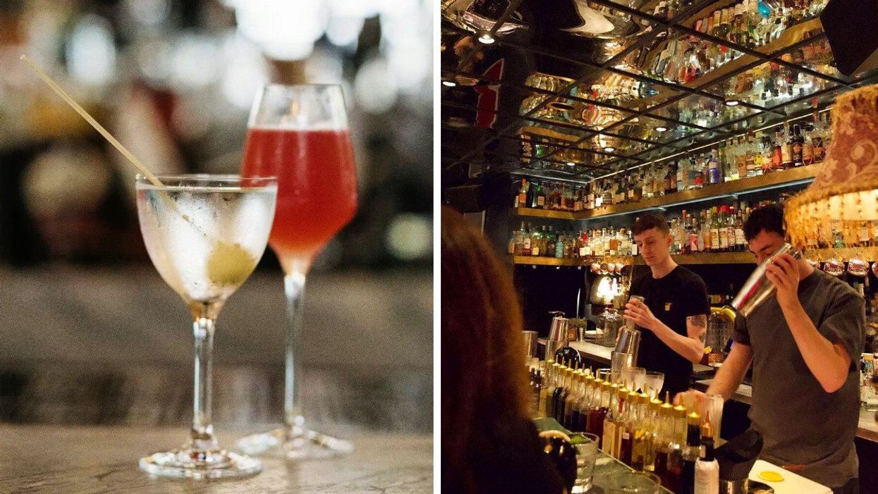 Two cocktails on the bar in The Cloakroom. Right: Bartenders prepare drinks at Atwater Cocktail Club.