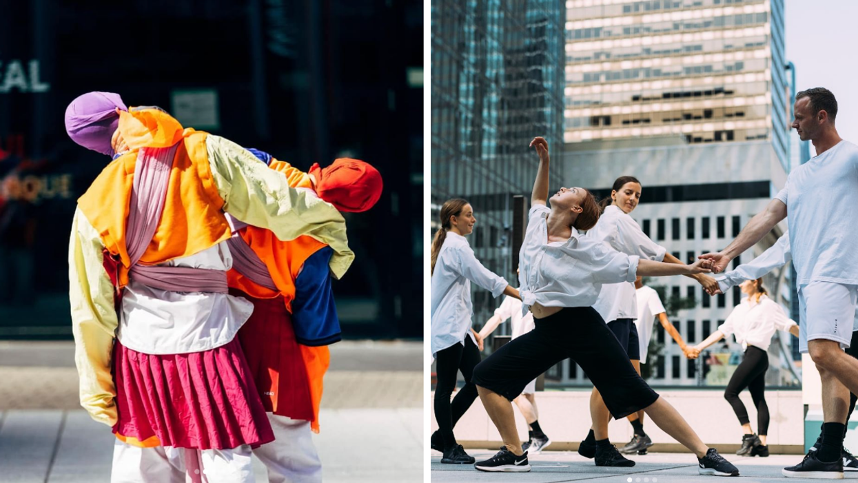 Two dancers perform outside. Right, a group performs in the Place Des Festivales.