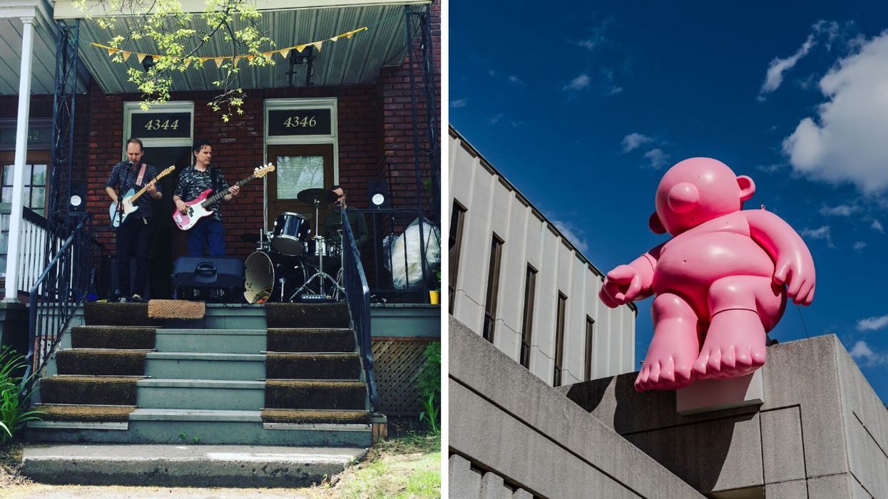 Two guitarists and a drummer playing on a Notre-Dame-de-Grâce porch at Porchfest NDG. Right: A large sculpture of a naked, pink man sits on top of a Montreal building, pointing.