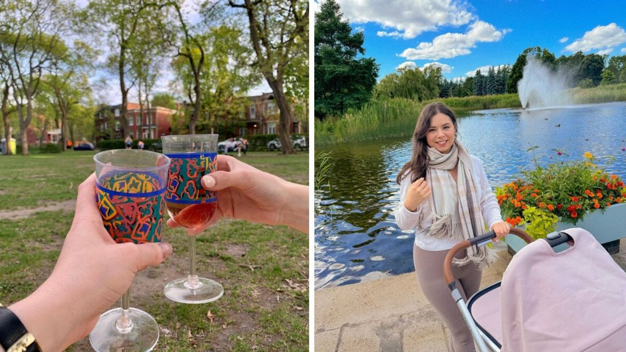 Two hands raise glasses in a park. Right: A person smiles while pushing a stroller.