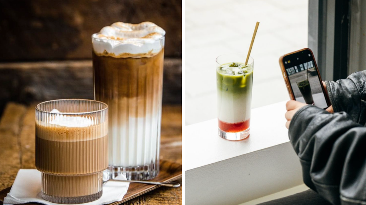 Two iced coffees in striped glasses from Maison Sauvage in Montreal. Right: A green, white and red iced strawberry matcha from Nous Sommes Café.