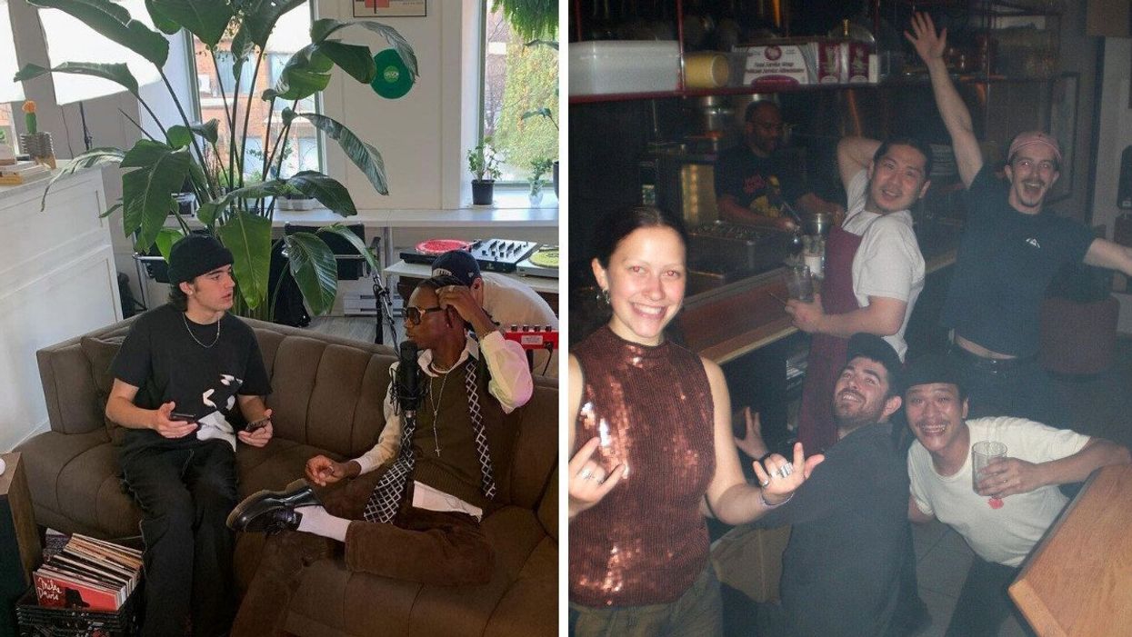 Two individuals on a couch in Café Camas by a crate of vinyl records. Right: People pose behind the bar at Fleurs et Cadeaux.