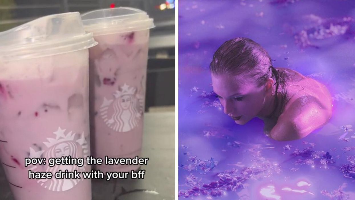 Two 'lavender haze' Starbucks drinks. Right: Taylor Swift bathes in light purple liquid in her latest music video.