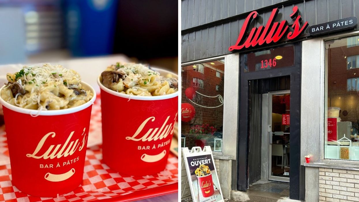 Two pasta bowls from Lulu's Pasta Bar. Right: The exterior of Lulu's Pasta Bar Montreal restaurant in Griffintown.