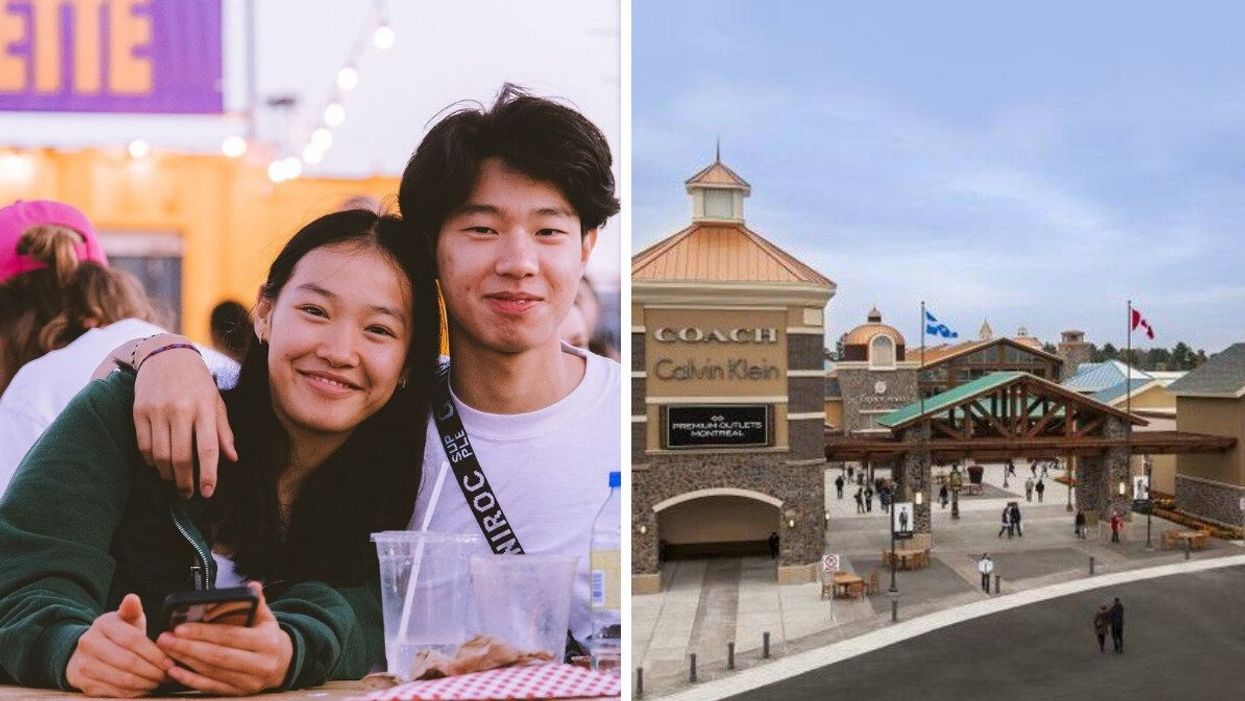 Two people at a picnic table at Les Premiers Vendredis food truck festival. Right: The entrance to Premium Outlets Montreal.