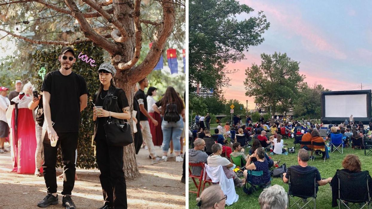 Two people at POCHA MTL 2021. Right: Film Noir au Canal screening.
