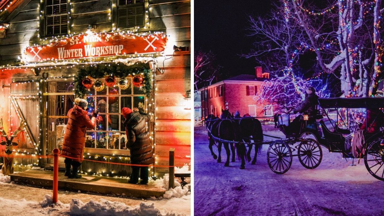 Two people bundled up in winter coats peer through a window decorated with twinkling lights and oversized ornaments. Right: A horse-drawn carriage ride takes guests down a snowy, tree-lined path adorned with colourful holiday lights.