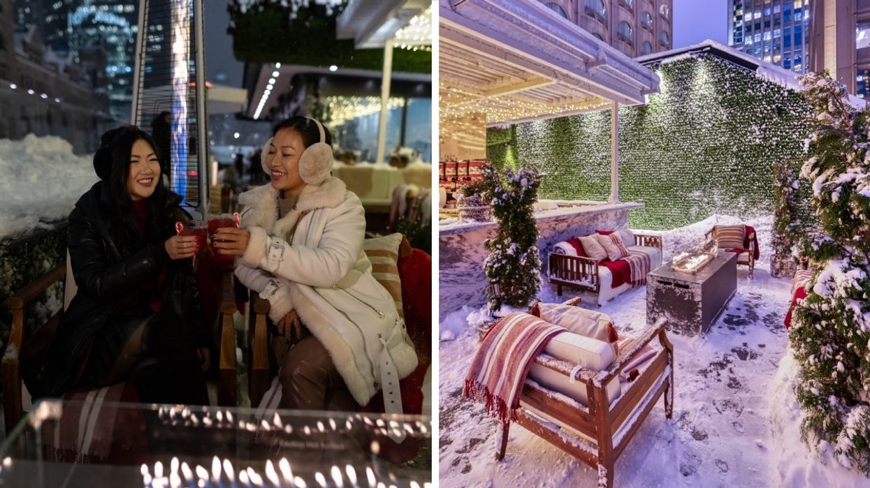 Two people clinking their drinks together at an outdoor winter terrasse in Montreal. Right: A holiday-themed seating area at an outdoor winter terrasse in Montreal.
