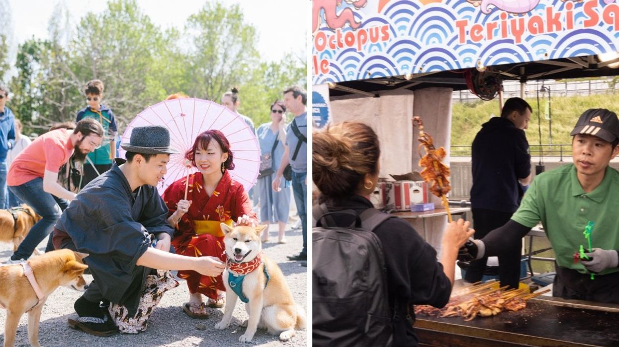 Two people crouching down to pet two Shiba-breed dogs. Right: A person purchasing a teriyaki squid dish from a food vendor at Montreal's Yatai MTL festival.