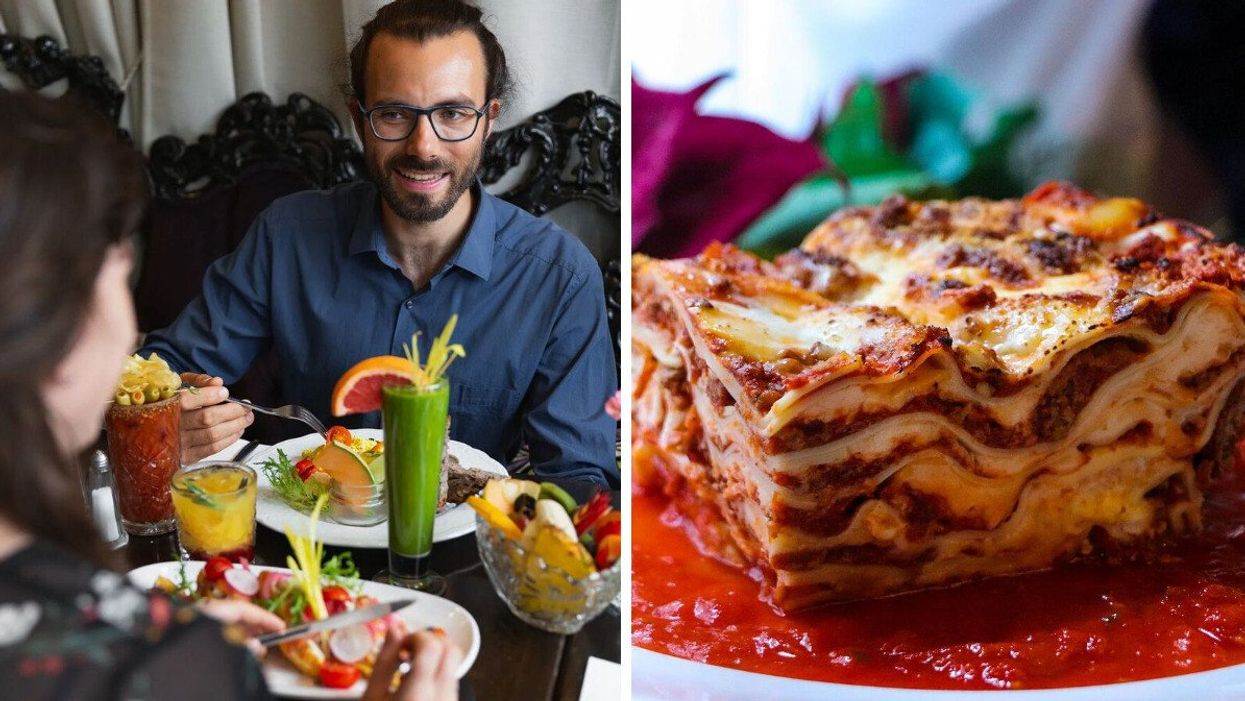 Two people eat brunch at Regine Café with colourful smoothies on the table. Right: A lasagna drenched in tomato sauce from Le Muscadin.