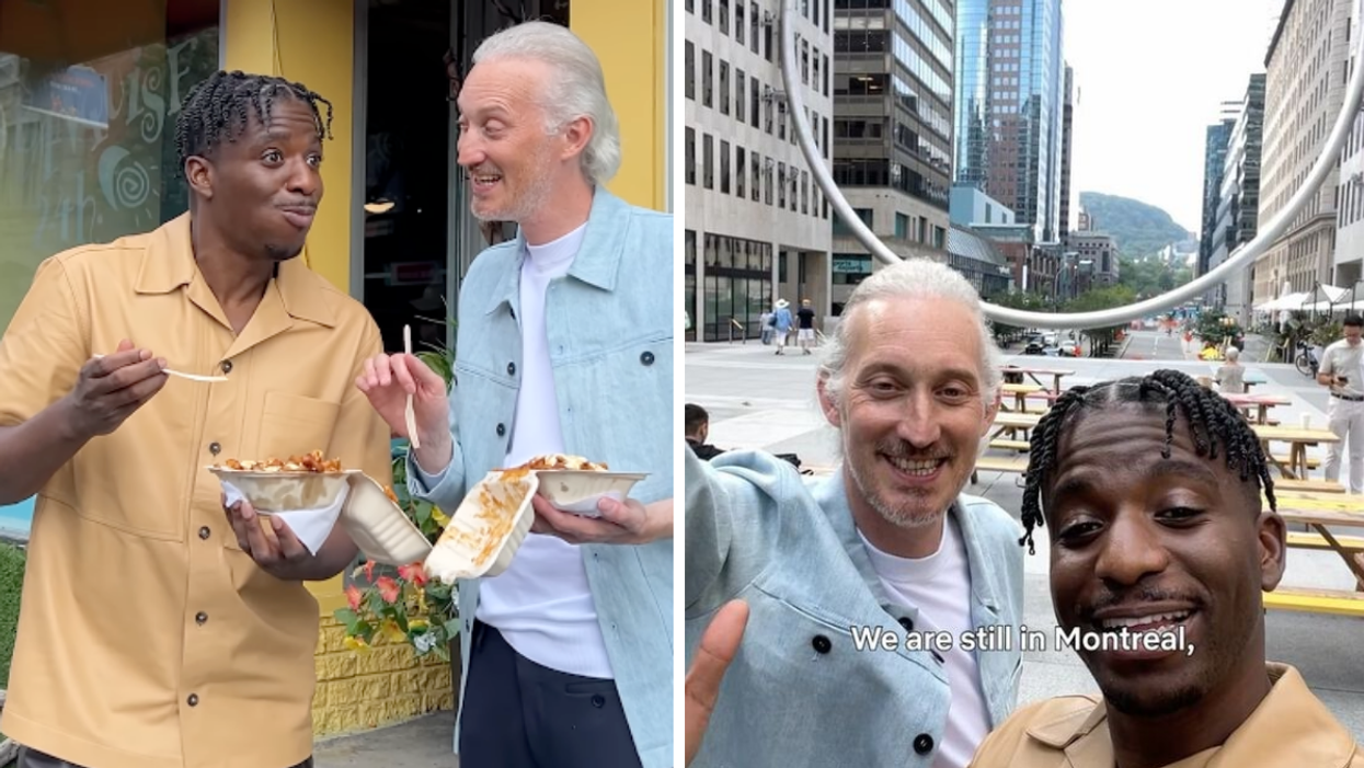 Two people eat poutine in front of a yellow restaurant. Right: Two people stand in front of 'The Ring' art installation with a view of Montreal in the background.