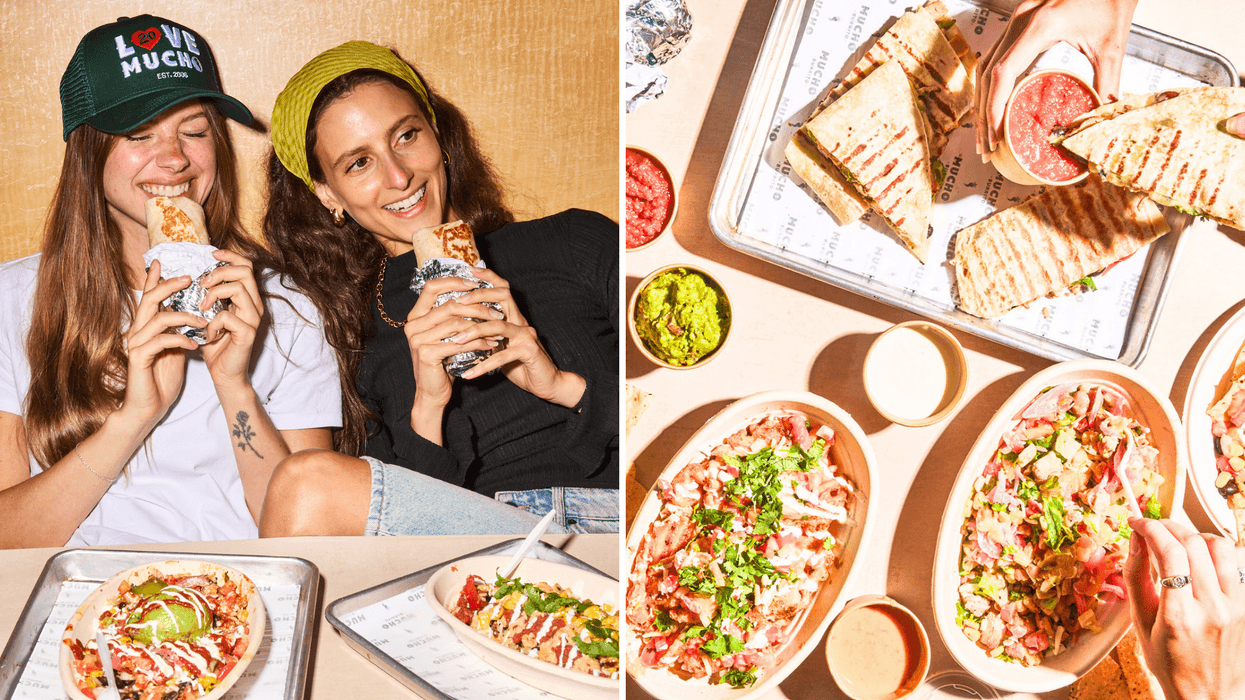 Two people eating burritos at a table. Right: A table with burrito bowls and tortilla chips.